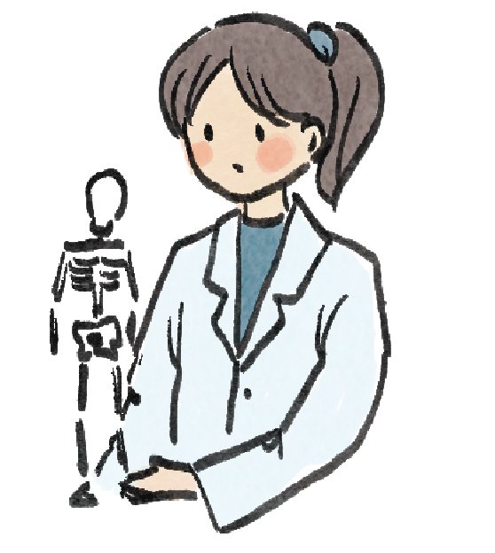 Illustration of Angeline in a lab coat beside a skeletal model