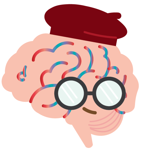 Illustrated brain character with glasses and beret