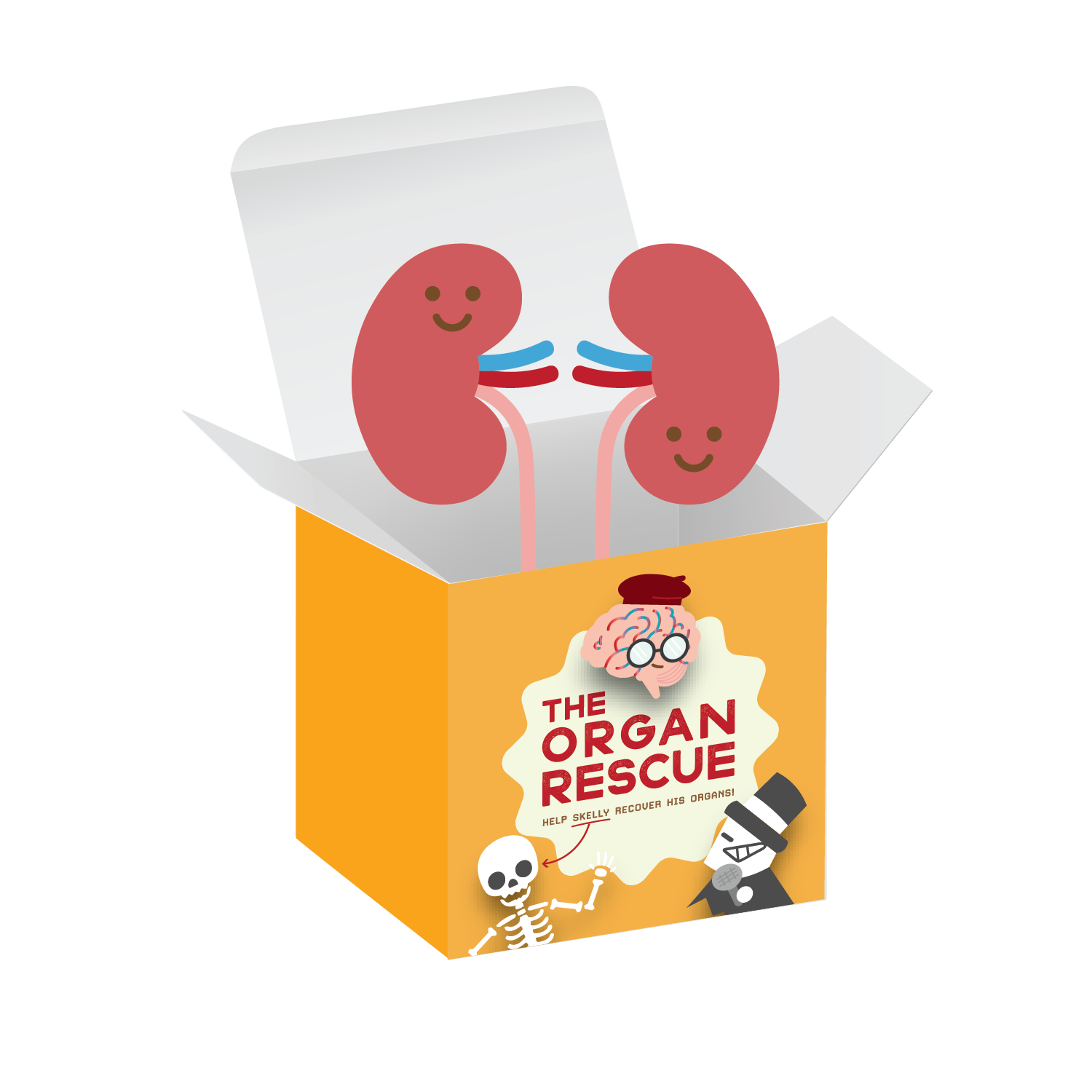 The Organ Rescue — illustrated organ characters in a transport box